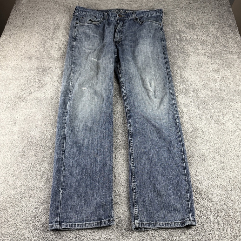 Signature Levi Strauss Relaxed Fit Droit Relax Jeans‎ Mens 38x32 Blue Distressed